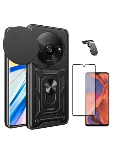 Kit Vidro Premium Full Cover + Capa Magnetic Slide Window + Suporte Magnético L  para Xiaomi Redmi A3 - Preto