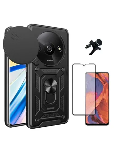 Kit Vidro Premium Full Cover + Capa Magnetic Slide Window + Suporte Magnético Reforçado  para Xiaomi Redmi A3 - Preto