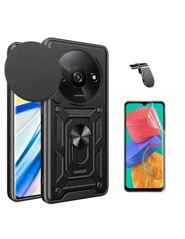 Kit Película Hydrogel Frente + Capa Magnetic Slide Window + Suporte Magnético L  para Xiaomi Redmi A3 - Preto