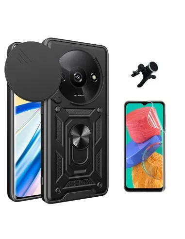 Kit Película Hydrogel Frente + Capa Magnetic Slide Window + Suporte Magnético Reforçado  para Xiaomi Redmi A3 - Preto