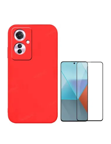 Kit Vidro Premium Full Cover + Capa Silicone Líquido  para Oppo Reno11 F - Vermelho