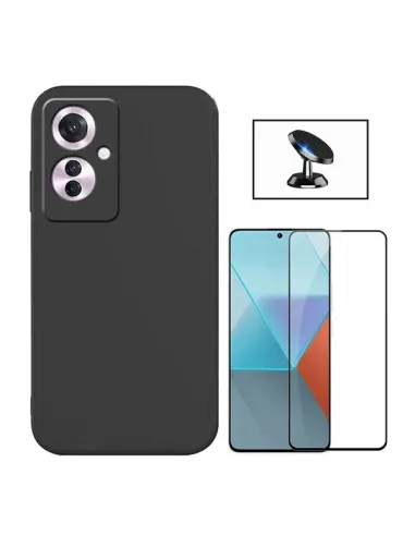 Kit Vidro Premium Full Cover + Capa Silicone Líquido + Suporte Magnético para Oppo Reno11 F - Preto