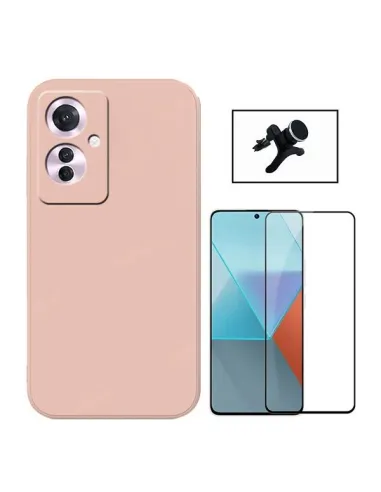 Kit Vidro Premium Full Cover + Capa Silicone Líquido + Suporte Magnético Reforçado  para Oppo Reno11 F - Rosa