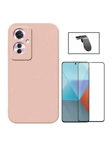 Kit Vidro Premium Full Cover + Capa Silicone Líquido + Suporte Magnético L  para Oppo Reno11 F - Rosa