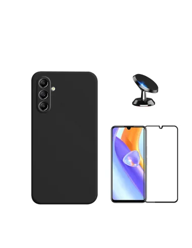 Kit Vidro Premium Full Cover + Capa Silicone Líquido + Suporte Magnético para Samsung Galaxy M15 - Preto