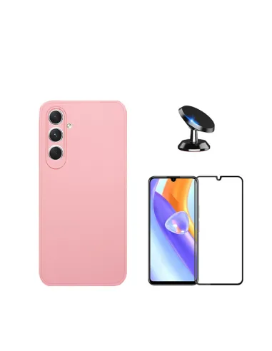 Kit Vidro Premium Full Cover + Capa Silicone Líquido + Suporte Magnético para Samsung Galaxy M15 - Rosa