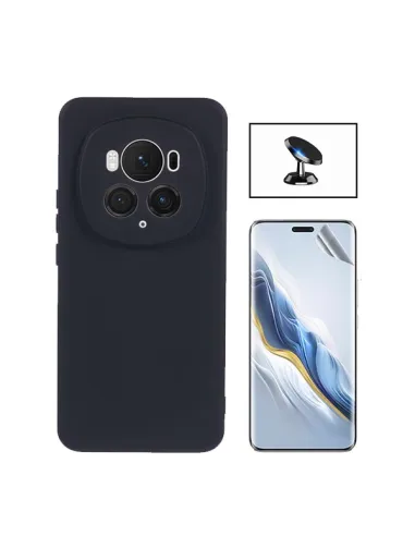 Kit Película Hydrogel Frente + Capa Silicone Líquido + Suporte Magnético para Honor Magic6 Pro - Preto