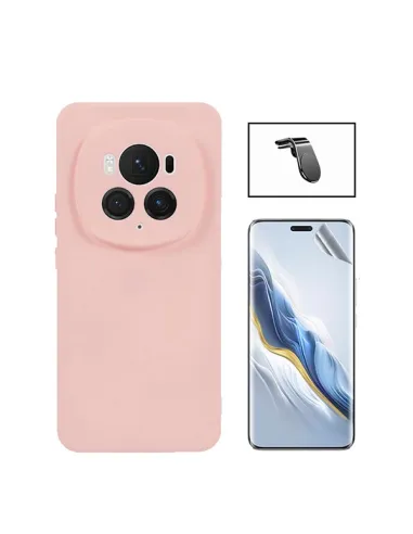 Kit Película Hydrogel Frente + Capa Silicone Líquido + Suporte Magnético L  para Honor Magic6 Pro - Rosa