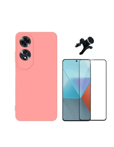 Kit Vidro Premium Full Cover + Capa Silicone Líquido + Suporte Magnético Reforçado  Para Oppo A60 - Rosa