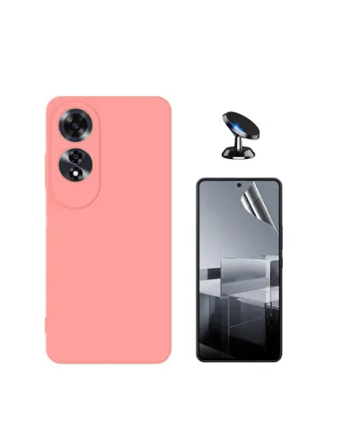 Kit Película Hydrogel Frente + Capa Silicone Líquido + Suporte Magnético Para Oppo A60 - Rosa