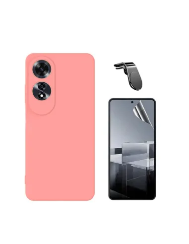 Kit Película Hydrogel Frente + Capa Silicone Líquido + Suporte Magnético L  Para Oppo A60 - Rosa