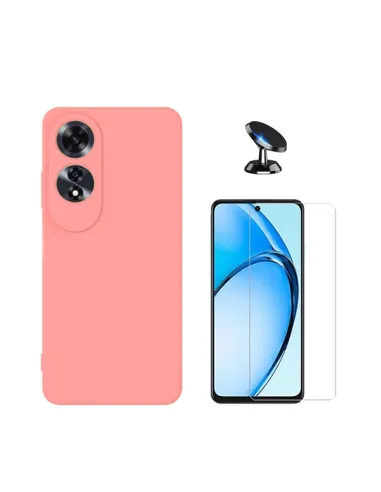 Kit Vidro Temperado Clearglass + Capa Silicone Líquido + Suporte Magnético Para Oppo A60 - Rosa