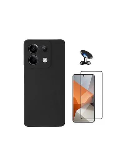 Kit Vidro Premium Full Cover + Capa Silicone Líquido + Suporte Magnético Para Xiaomi Redmi Note 13 Pro 4G - Preto