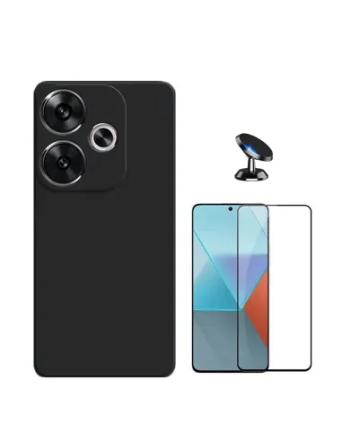 Kit Vidro Premium Full Cover + Capa Silicone Líquido + Suporte Magnético Para Xiaomi Poco F6 - Preto