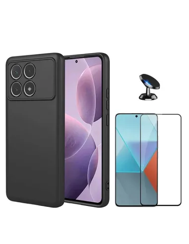 Kit Vidro Premium Full Cover + Capa Silicone Líquido + Suporte Magnético Para Xiaomi Poco F6 Pro - Preto