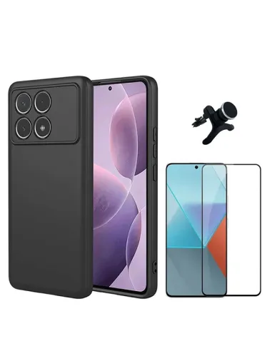 Kit Vidro Premium Full Cover + Capa Silicone Líquido + Suporte Magnético Reforçado  Para Xiaomi Poco F6 Pro - Preto