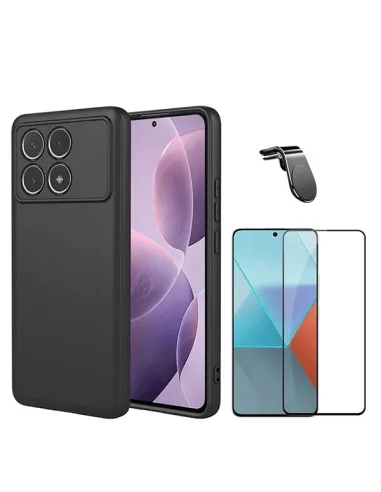 Kit Vidro Premium Full Cover + Capa Silicone Líquido + Suporte Magnético L  Para Xiaomi Poco F6 Pro - Preto