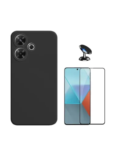 Kit Vidro Premium Full Cover + Capa Silicone Líquido + Suporte Magnético Para Xiaomi Redmi 13 - Preto