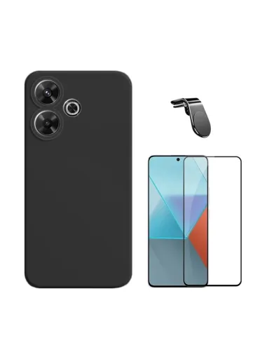 Kit Vidro Premium Full Cover + Capa Silicone Líquido + Suporte Magnético L  Para Xiaomi Redmi 13 - Preto