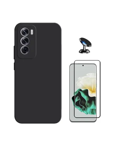 Kit Vidro Premium Full Cover + Capa Silicone Líquido + Suporte Magnético Para Oppo Reno12 - Preto