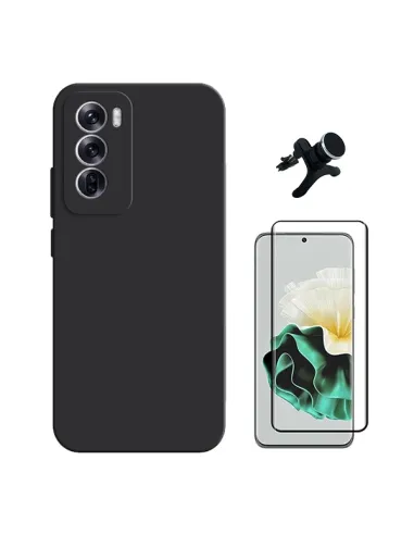 Kit Vidro Premium Full Cover + Capa Silicone Líquido + Suporte Magnético Reforçado  Para Oppo Reno12 - Preto