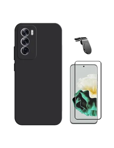 Kit Vidro Premium Full Cover + Capa Silicone Líquido + Suporte Magnético L  Para Oppo Reno12 Pro - Preto