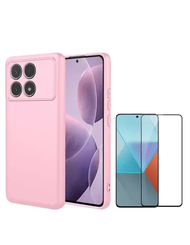 Kit Vidro Premium Full Cover + Capa Silicone Líquido  Para Xiaomi Poco F6 Pro - Rosa