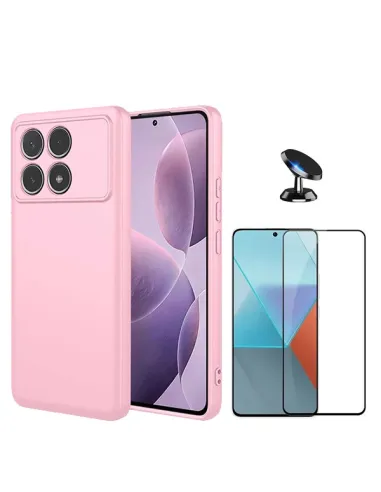 Kit Vidro Premium Full Cover + Capa Silicone Líquido + Suporte Magnético Para Xiaomi Poco F6 Pro - Rosa