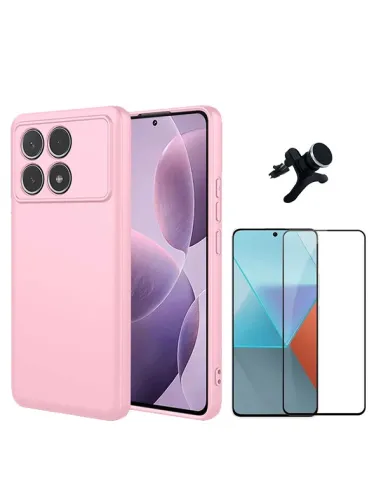 Kit Vidro Premium Full Cover + Capa Silicone Líquido + Suporte Magnético Reforçado  Para Xiaomi Poco F6 Pro - Rosa