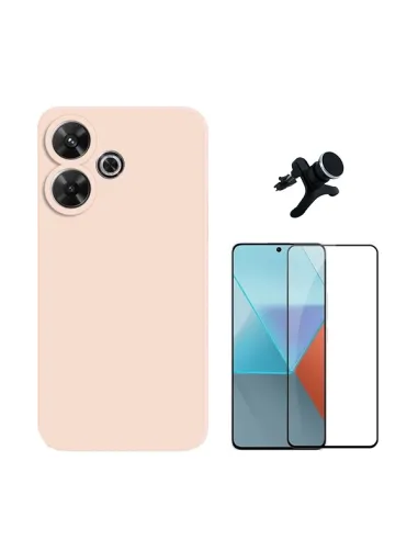 Kit Vidro Premium Full Cover + Capa Silicone Líquido + Suporte Magnético Reforçado  Para Xiaomi Redmi 13 - Rosa