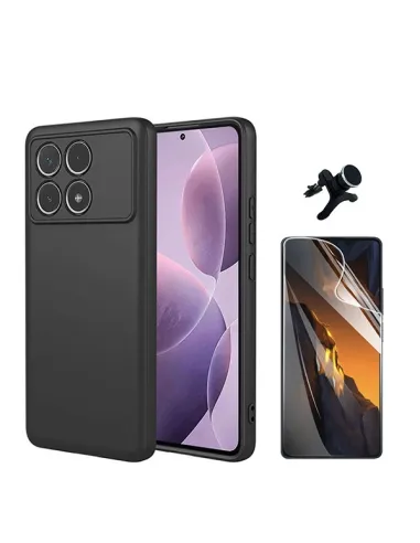 Kit Película Hydrogel Frente + Capa Silicone Líquido +  Suporte Magnético Reforçado  Para Xiaomi Poco F6 Pro - Preto