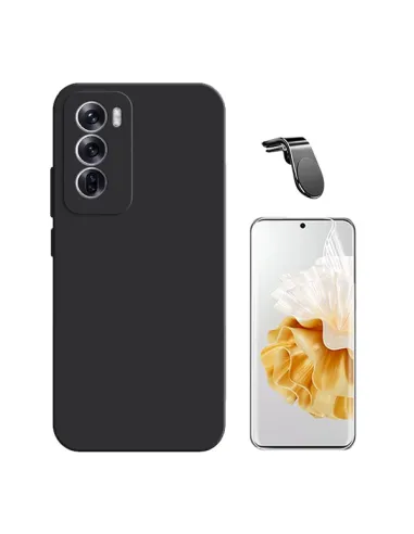 Kit Película Hydrogel Frente + Capa Silicone Líquido + Suporte Magnético L  Para Oppo Reno12 - Preto