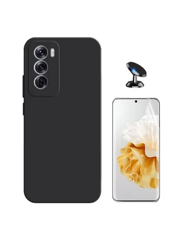 Kit Película Hydrogel Frente + Capa Silicone Líquido + Suporte Magnético Para Oppo Reno12 Pro - Preto