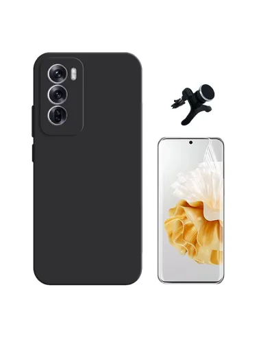 Kit Película Hydrogel Frente + Capa Silicone Líquido +  Suporte Magnético Reforçado  Para Oppo Reno12 Pro - Preto