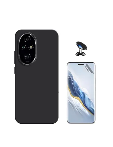 Kit Película Hydrogel Frente + Capa Silicone Líquido + Suporte Magnético Para Honor 200 Pro 5G - Preto