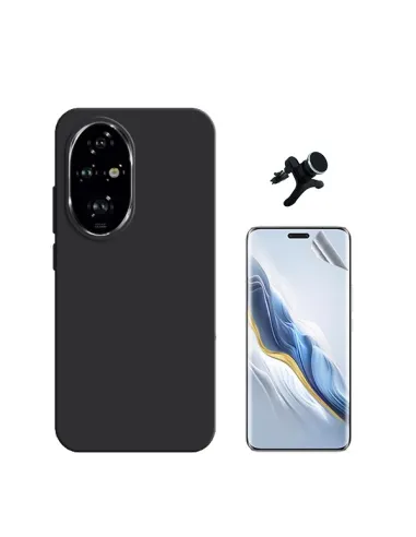 Kit Película Hydrogel Frente + Capa Silicone Líquido +  Suporte Magnético Reforçado  Para Honor 200 Pro 5G - Preto