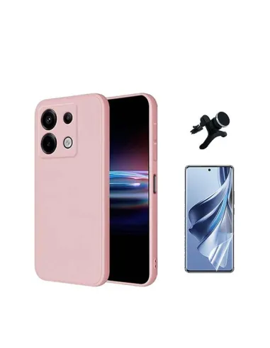 Kit Película Hydrogel Frente + Capa Silicone Líquido +  Suporte Magnético Reforçado  Para Xiaomi Redmi Note 13 Pro 4G - Rosa