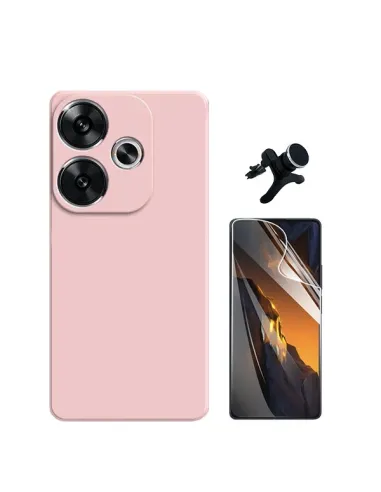 Kit Película Hydrogel Frente + Capa Silicone Líquido +  Suporte Magnético Reforçado  Para Xiaomi Poco F6 - Rosa