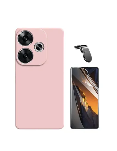 Kit Película Hydrogel Frente + Capa Silicone Líquido + Suporte Magnético L  Para Xiaomi Poco F6 - Rosa