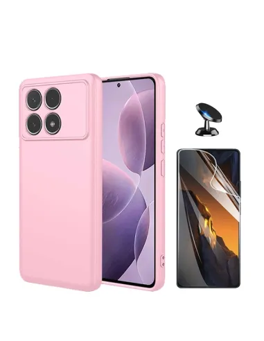 Kit Película Hydrogel Frente + Capa Silicone Líquido + Suporte Magnético Para Xiaomi Poco F6 Pro - Rosa