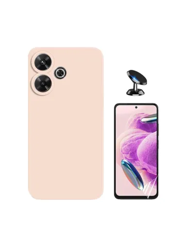 Kit Película Hydrogel Frente + Capa Silicone Líquido + Suporte Magnético Para Xiaomi Redmi 13 - Rosa