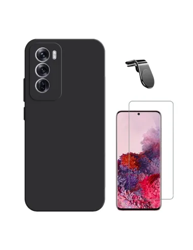 Kit Vidro Temperado Clearglass + Capa Silicone Líquido + Suporte Magnético L  Para Oppo Reno12 - Preto