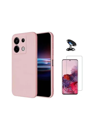 Kit Vidro Temperado Clearglass + Capa Silicone Líquido + Suporte Magnético Para Xiaomi Redmi Note 13 Pro 4G - Rosa