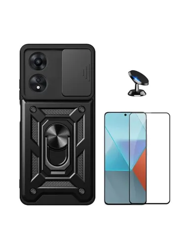 Kit Vidro Premium Full Cover + Capa Magnetic Slide Window + Suporte Magnético Para Oppo A60 - Preto