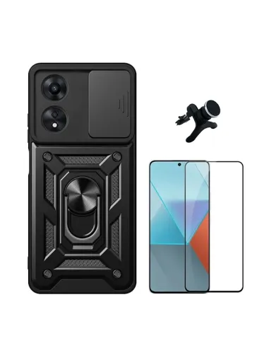 Kit Vidro Premium Full Cover + Capa Magnetic Slide Window + Suporte Magnético Reforçado  Para Oppo A60 - Preto