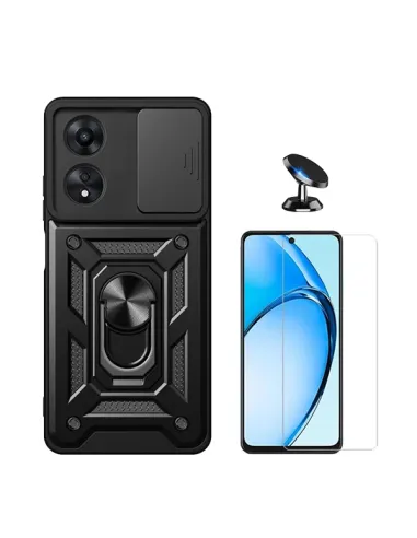 Kit Vidro Temperado Clearglass + Capa Magnetic Slide Window + Suporte Magnético Para Oppo A60 - Preto