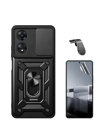 Kit Película Hydrogel Frente + Capa Magnetic Slide Window + Suporte Magnético L  Para Oppo A60 - Preto