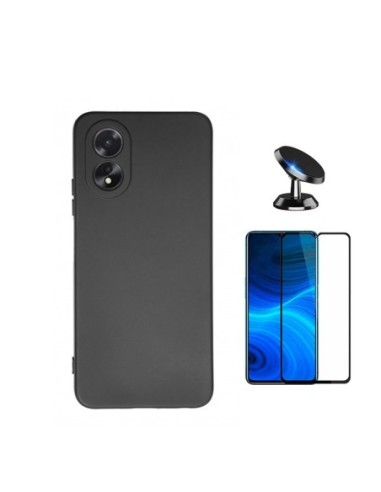 Kit Película de Vidro Temperado 5D Full Cover + Capa Silicone Líquido + Suporte de Carro para Oppo A18 - Preto