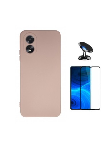 Kit Película de Vidro Temperado 5D Full Cover + Capa Silicone Líquido + Suporte de Carro Phonecare para Oppo A18 - Rosa