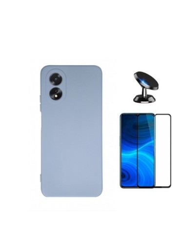 Kit Película de Vidro Temperado 5D Full Cover + Capa Silicone Líquido + Suporte de Carro para Oppo A18 - Azul Claro